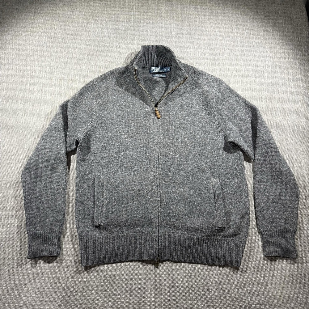 Polo By Ralph Lauren Sweater Mens Large Gray Wool Angora Full Zip Mock Neck